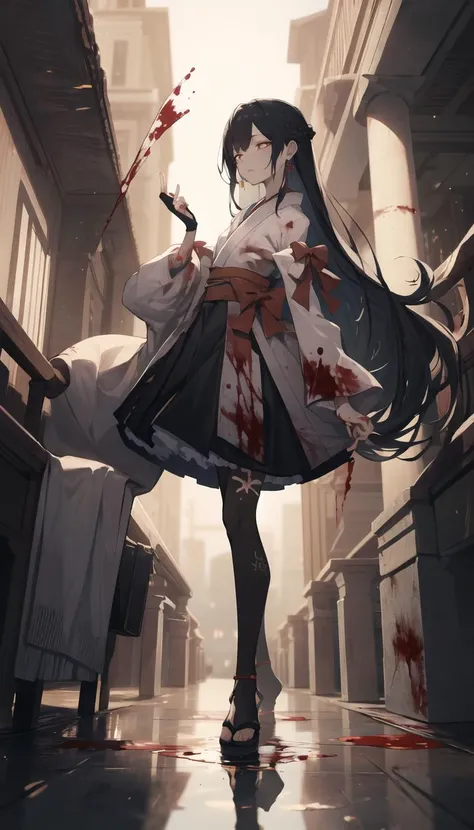 (1girl:0.3), serious, bored, disappointed, (mature female:1.5), aged up, death, (blood:1.2), fan, long hair, (absurdly long hair:1.3), hime cut, black kimono, battle, red eyes, gloves,
fingerless gloves, glowing eyes, black hair, fighting stance, arm tattoo, facial tattoo, small_eyes, half-closed eyes, black_tattoo, slit pupils, blurry background, depth of field, full body, straight hair, reflection, high quality, highres, absurdres, masterpiece, tall female, tall, slim, sandals, from above, (from side:0.8), front, from_front, <lora:gownConv2D2.5e-5_BF16:1.4>