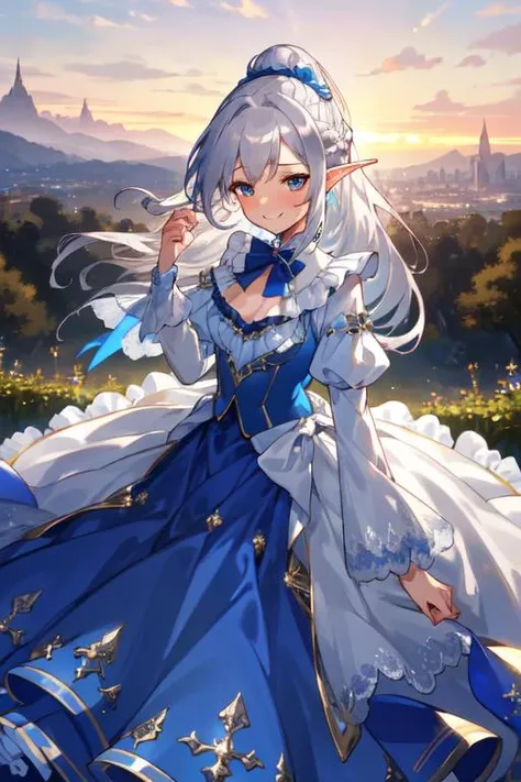 (best quality:1.2) (4k:1.) (very high resolution:1.1) (realistic photograph:1.1) , (ultra detailed CG illustration:1.1) ,
1girl elf solo (small breasts:1.) (detailed face:1.) (beautiful eyes:1.) , (silver french braid :1.) ,
blush grin , (bowtie:.9) ,
<lora:gownConv2D2.5e-5_BF16:.8> , (blue gown:1.1) ,
frills , (cleavage cutout:.9) , (long sleeves:.9) , (full body:.7) , (from above:.9) , (portrait:.6) , (footwear:.5) ,
(detailed background:1.1) , outdoors , (mansion in background:1.) , (garden:.8) , (gradient sky:.9) sunset (cinematic lighting:1.1)