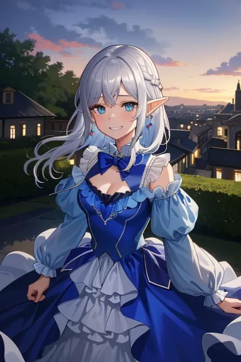 (best quality:1.2) (4k:1.) (very high resolution:1.1) (realistic photograph:1.1) , (ultra detailed CG illustration:1.1) ,
1girl elf solo (small breasts:1.) (detailed face:1.) (beautiful eyes:1.) , (silver french braid :1.) ,
blush grin , (bowtie:.9) ,
<lora:gownConv2D2.5e-5_BF16:.8> , (blue gown:1.1) ,
frills , (cleavage cutout:.9) , (long sleeves:.9) , (full body:.7) , (from above:.9) , (portrait:.6) , (footwear:.5) ,
(detailed background:1.1) , outdoors , (mansion in background:1.) , (garden:.8) , (gradient sky:.9) sunset (cinematic lighting:1.1)