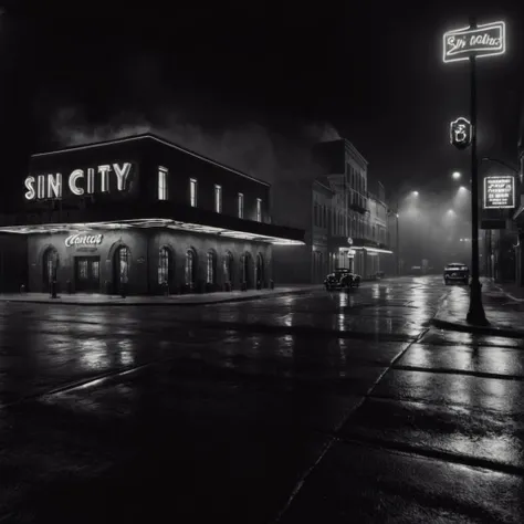 cinematic film still of  <lora:sin city style v2:1>
In Sin City universe a black and white photo of a theater at night sin city style,monochrome,greyscale,outdoors,no humans,night,ground vehicle,building,scenery,motor vehicle,city,sign,car,road,lamppost,street,fog,Frank Miller's Sin City,dark theme,cinematic film,comic book series,graphic novel,Neo-noir,high contrasts,sin city style , film noir, low key light, dim light, low light, dramatic light, film grain, shallow depth of field, vignette, highly detailed, high budget, bokeh, cinemascope, moody, epic, gorgeous, film grain, grainy