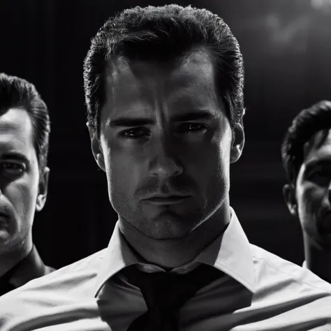 cinematic film still of <lora:sin city style v2:1>
In Sin City universe a man with a scar on his forhead and a tie and a man with a shirt and tie sin city style,looking at viewer,shirt,1boy,closed mouth,monochrome,greyscale,male focus,multiple boys,necktie,collared shirt,2boys,blurry,facial hair,scar,formal,suit,portrait,scar on face,realistic,manly,Frank Miller's Sin City,dark theme,cinematic film,comic book series,graphic novel,Neo-noir,high contrasts,sin city style,closeup , film noir, low key light, dim light, low light, dramatic light, film grain, shallow depth of field, vignette, highly detailed, high budget, bokeh, cinemascope, moody, epic, gorgeous, film grain, grainy