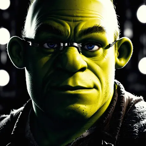 cinematic film still of <lora:sin city style v2:0.9>
In Sin City universe a silhouette shrek with highlighted glowing glasses sin city style,solo,1boy,monochrome,shrek focus,glasses,portrait,dark,horror (theme),opaque glasses,Frank Miller's Sin City,dark theme,cinematic film,comic book series,graphic novel,Neo-noir,high contrasts,sin city style,closeup , film noir, low key light, dim light, low light, dramatic light, film grain, shallow depth of field, vignette, highly detailed, high budget, bokeh, cinemascope, moody, epic, gorgeous, film grain, grainy <lora:Shrek1024:0.35> <lora:MJ52:0.5> <lora:SDXLFaeTastic2400:0.6>