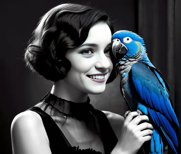 detailed monocrome portrait photo, 1920's, cute young woman flirts with a blue parrot, sin city style, black dress, shy smile, dark brown eyes, from side, <lora:sin city style v2:1> <lora:DetailedEyes_V3:1>
