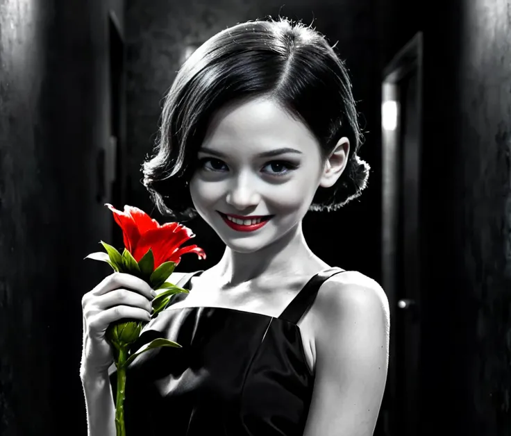 detailed monocrome portrait photo, 1920's, cute young woman receive a red flower, sin city style, black dress, little smile, <lora:sin city style v2:1> <lora:DetailedEyes_V3:1>