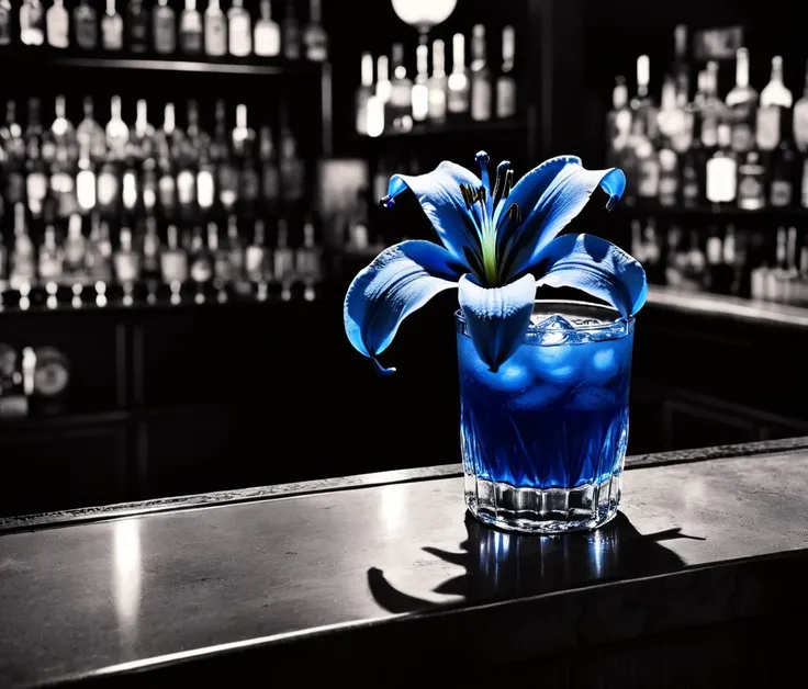 detailed monocrome photo, 1920's, a bar with a blue lily on the counter, sin city style, <lora:sin city style v2:1> <lora:DetailedEyes_V3:1>