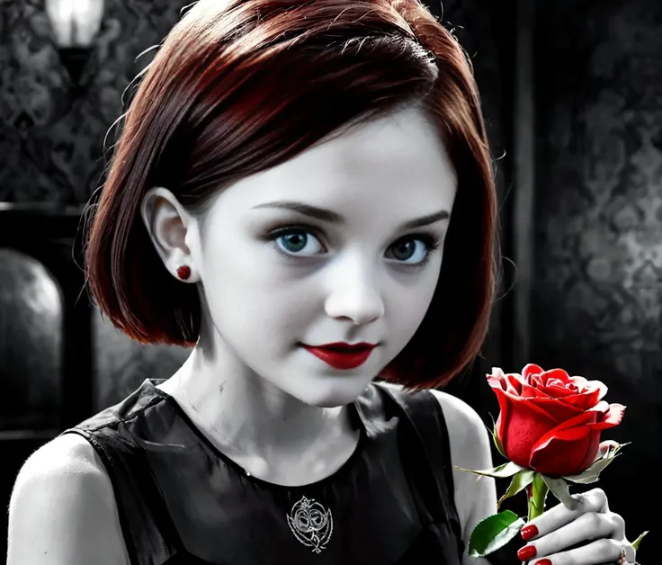 detailed monocrome portrait photo, 1920's, cute teenage girl receive a red rose, sin city style,  <lora:sin city style v2:1>  <lora:DetailedEyes_V3:1>