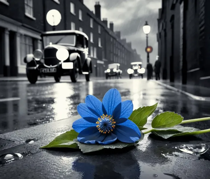 detailed monocrome photo, 1920's, city street at night, london, cars, rain, a single blue flower lying, <lora:sin city style v2:1>