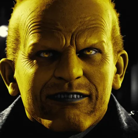 cinematic film still of <lora:sin city style v2:1>
In Sin City universe a close up of a monster named the Yellow Bastard with a yellow face sin city style,solo,looking at viewer,smile,1boy,male focus,teeth,grin,parody,portrait,yellow theme,yellow skin,Frank Miller's Sin City,dark theme,cinematic film,comic book series,graphic novel,Neo-noir,high contrasts,sin city style,closeup , film noir, low key light, dim light, low light, dramatic light, film grain, shallow depth of field, vignette, highly detailed, high budget, bokeh, cinemascope, moody, epic, gorgeous, film grain, grainy