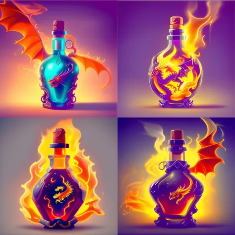 photo of a potion, (potion has orange liquid flickers and smoke fills the top of the glass bottle:1.0), dragon breath, simple background