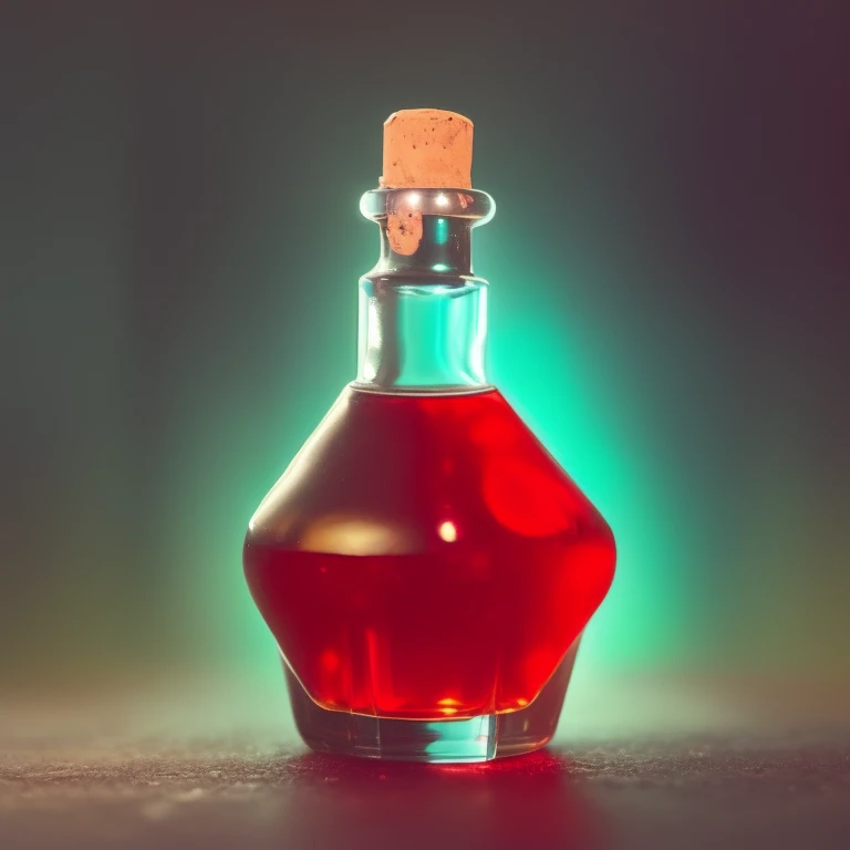 photo of a potion, (potion has (red liquid) that glimmers when agitated:1.0), healing potion, simple background