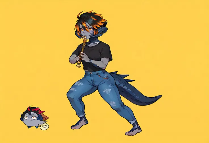 score_9, score_8_up, score_7_up, kyoufuuallback, full body, holding flute, simple background, yellow background, solo, 1girl, Kyarine, colored skin, grey skin, black scales, standing on one leg, grey lips, orange eyes, freckles, dragon girl, dragon horns, short hair, spiked hair, streaked hair, black hair, dragon tail, toned, black shirt, short sleeves, jeans <lora:KyarineCathPDXL_V1-Manityro-CAME:1> <lora:concept_kyoufuuallback_ponyXL:1>
