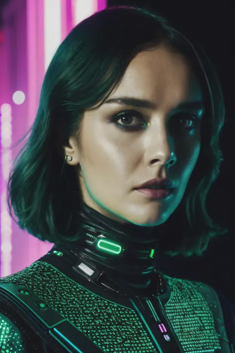 face photo of olc in cyber neon lighting, futurism, intricate futuristic jewelry accessories, cyberpunk green  latex turtleneck, hyper photorealistic, crispy quality, digital photography, trending in artstation, trending in pinterest, cinematic, 4 k ultra hd, art by pascal blanche, art by greg rutkowski ,<lyco:OliviaCooke-RealVision-V1.0:1.0>