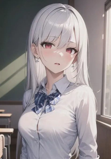 Girl with white hair，sitting on a bench，Pure and cute，With a petite figure，14岁，Black JK school uniform，jk white uniform skirt，Sitting at the table in the classroom（Frow 1.5）（pouting 1.5）（The background is in a classroom at school：1.5），Anime style 4k，Anime rendering，style of anime，8K fineness，（Upper body display：1.5）（电影灯光：1.5）（Flat chest 1.5）（Little Loli 1.5）