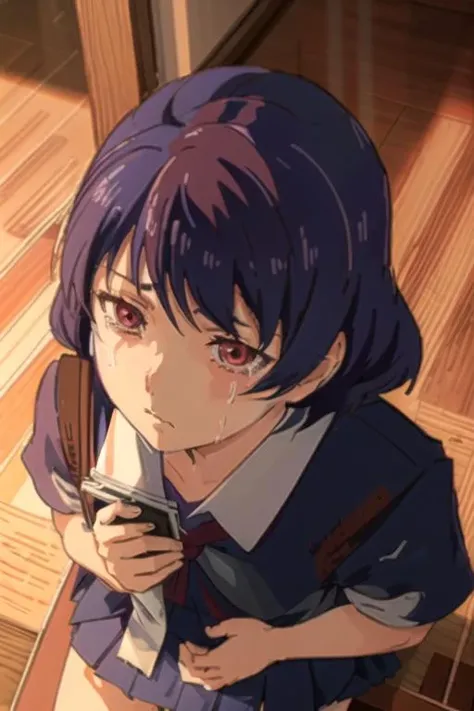 a detailed picture of ruitachibana, with a Japanese school uniform, sitting on stairs, looking down, purple hair, crying <lora:RuiTachibana3:1>, with a phone on the floor, cute face, big glossy eyes, anime face
