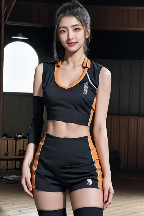 1girl, volleyball uniform, thighs, eyeliner, angle from below, ((small breast)), looking at viewer, ((v neck)), broad shoulder, eyelashes, perfect face, perfect skin, ((ultra-detailed eyes)), dim lighting, bokeh, ((indoor stadium)), audience,sleeveless, ((crop top)) , ((abs)), (masterpiece, high quality:1.2), ((arms behind back)), bare face, ((ponytail)), ((black jersey)), ((low saturated)), (low contrast), smile, <lora:haikyuu:1> <lora:soeunlorashy:1>