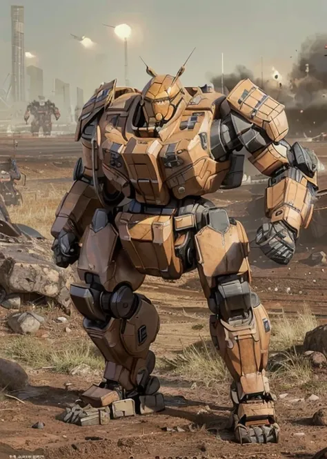 <lora:bmech:0.6>, giant masculine metalic robot loaded with heavy reactive armor and heavy weapon standing in a field, battlemech, mech ((8k, RAW photo, highest quality, realistic:2, masterpiece, ultra high resolution, CG 8K wallpapers)), physics-based rendering, centered full body