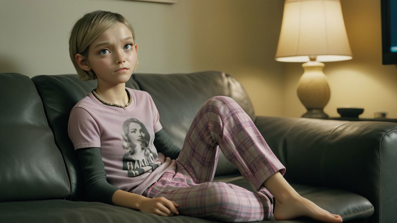 Arafed girl sitting on a couch in a living room - SeaArt AI