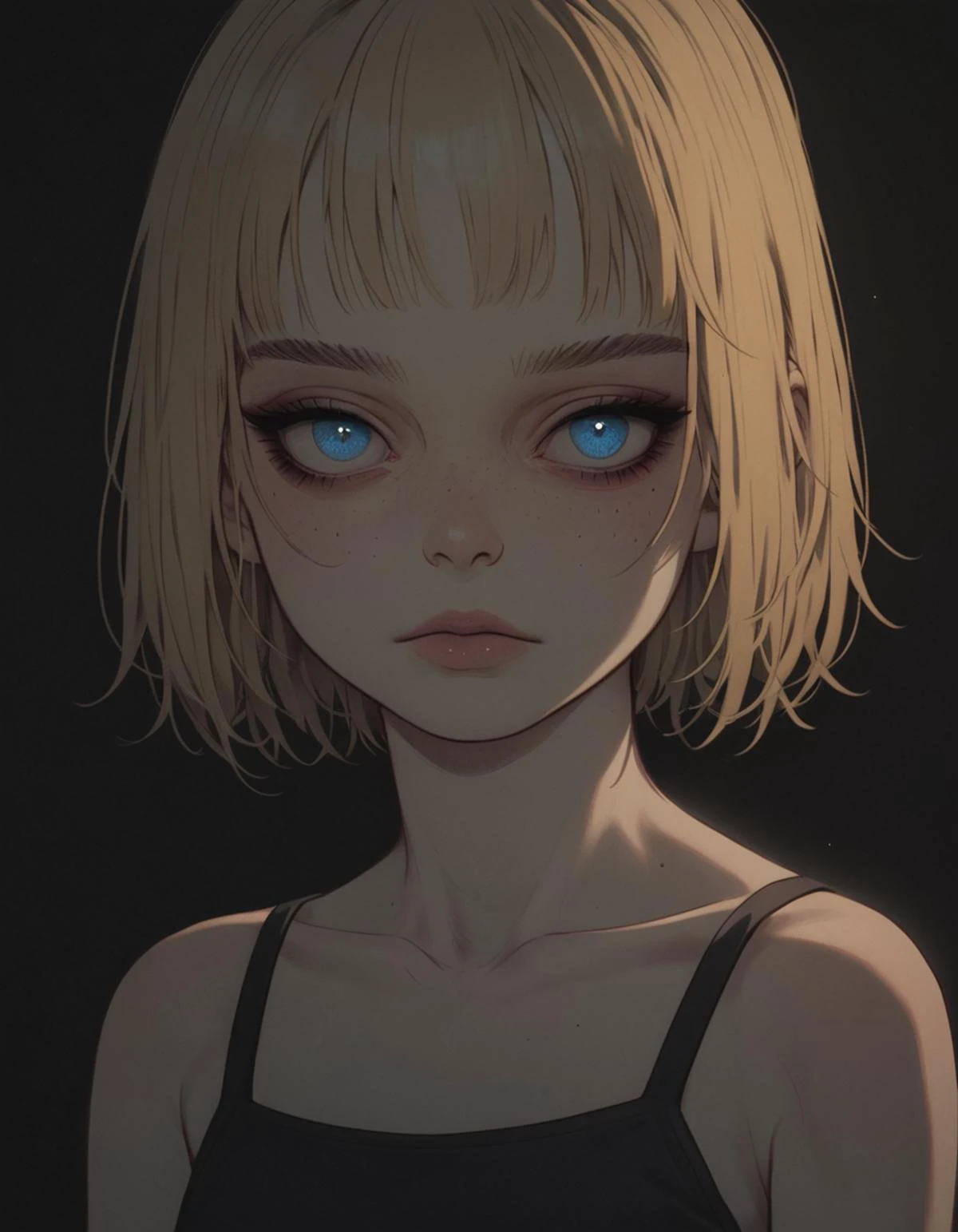score_9, score_8_up, score_7_up, sinozick style, zPDXL, p3tr4, 1girl, young Sarah Miller, , cute, young, blonde, short hair, wearing a summer dress, petite body, glowing blue eyes, innocent, pale skin, white skin, in a bedroom, dark theme, cinematic lighting, volumetric lighting, dramatic lighting, shadow and light, backlight
