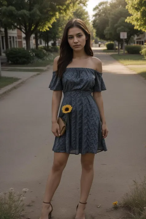 1girl, (full shot:1.1), (full body:1.2), hdr, 8k, masterpiece, best quality, dynamic pose, golden hour lighting, (playful smirk:0.6), <lora:Noerman_Indigenous_Mix:0.8> <lora:epiCRealismHelper:0.3>, (simple flower pattern:1.45) strapless short violet summer dress with off shoulder straps, (small town street background:1.2), skin texture, skin blemishes, <lora:skin_slider_v10:0.3> <lora:backlight_last:0.85> <lora:sd1.5_perfect feet:0.6> wearing high heels, holding flower, detailed skin texture, (blush:0.5), (goosebumps:0.5), subsurface scattering, dry skin, fuzzy skin, natural light