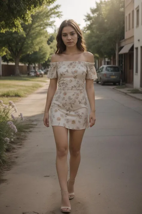 1girl, (full shot:1.1), (full body:1.2), hdr, 8k, masterpiece, best quality, dynamic pose, golden hour lighting, (playful smirk:0.6), <lora:Noerman_Indigenous_Mix:0.8> <lora:epiCRealismHelper:0.3>, (simple flower pattern:1.45) strapless short beige summer dress with off shoulder straps, (small town street background:1.2), skin texture, skin blemishes, <lora:skin_slider_v10:0.3> <lora:backlight_last:0.85> <lora:sd1.5_perfect feet:0.6> wearing high heels, holding flower, detailed skin texture, (blush:0.5), (goosebumps:0.5), subsurface scattering, dry skin, fuzzy skin, natural light