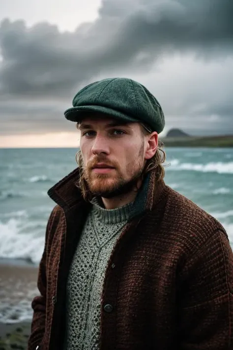 RAW candid cinema,16mm,color graded portra 400 film,remarkable color,ultra realistic, dramatic lighting,
analog photo,silhouette,spotlight,close up portrait,rough sea background, bad weather, storm approaching, outdoor,
Irish man, age 35, standing at shore, wearing flat cap, cozy sweater, wild hair,
BREAK
BREAK
patchwork style, grey flat cap, Irish cap,
BREAK
weathered face, serious facial expression, detailed face, detailed skin, visible pores, wild hair,
BREAK
knitted scarf, cozy knitted sweater, dark brown, jacket,
<lora:skin_slider_v10:0.8> <lora:detail_slider_v4:2> <lora:epiCRealismHelper:0.7>