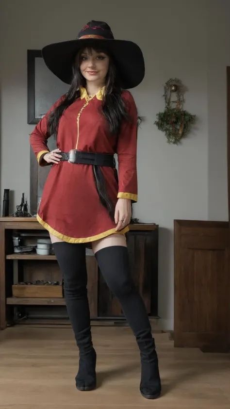 an 30yo woman, detailed face, looking at viewer, (full body shot:1.4), hdr, 8k, <lora:skin_slider_v10:1>, detailed eyes, <lora:egirlmakeupv1:0.7>, egirlmakeup, playful smirk, <lora:KonosubaCostumePackV1_5-000010:1>, mgmoutfit, witch hat,