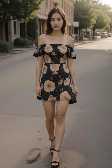1girl, (full shot:1.1), (full body:1.2), hdr, 8k, masterpiece, best quality, dynamic pose, golden hour lighting, (playful smirk:0.6), <lora:Noerman_Indigenous_Mix:0.8> <lora:epiCRealismHelper:0.3>, (simple flower pattern:1.45) strapless short black summer dress with off shoulder straps, (small town street background:1.2), skin texture, skin blemishes, <lora:skin_slider_v10:0.3> <lora:backlight_last:0.85> <lora:sd1.5_perfect feet:0.6> wearing high heels, holding flower, detailed skin texture, (blush:0.5), (goosebumps:0.5), subsurface scattering, dry skin, fuzzy skin, natural light
