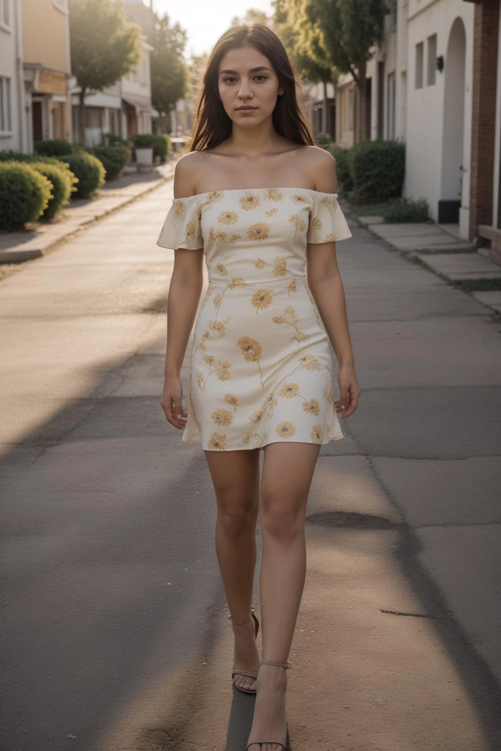 1girl, (full shot:1.1), (full body:1.2), hdr, 8k, masterpiece, best quality, dynamic pose, golden hour lighting, (playful smirk:0.6), <lora:Noerman_Indigenous_Mix:0.8> <lora:epiCRealismHelper:0.3>, (simple flower pattern:1.45) strapless short yellow summer dress with off shoulder straps, (small town street background:1.2), skin texture, skin blemishes, <lora:skin_slider_v10:0.3> <lora:backlight_last:0.85> <lora:sd1.5_perfect feet:0.6> wearing high heels, holding flower, detailed skin texture, (blush:0.5), (goosebumps:0.5), subsurface scattering, dry skin, fuzzy skin, natural light