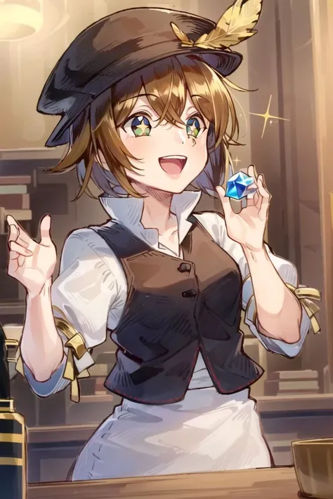 <lora:Tressa:0.8>, tressa, 1girl, star shaped pupils, sparkling eyes, excited, holding gemstone, :D, looking away, hat feather, masterpiece, best quality,