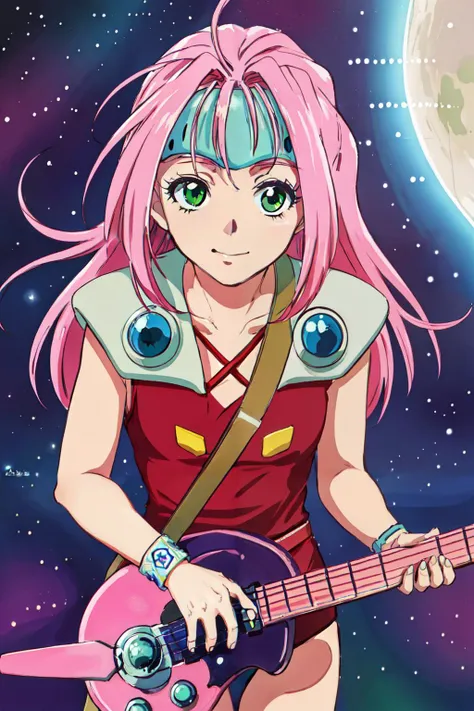 (masterpiece, best quality;1.3), extremely detailed , unity 8k wallpaper, perfect lighting, perfect shading,, 1girl,  looking at viewer, pov, mylene
 <lora:mylene_jeniusV1:0.7>  long hair,green eyes, guitar, holding, holding instrument, instrument, long legs, musical note, pink hair, wristband, space, facial close-up, perfect pop art,