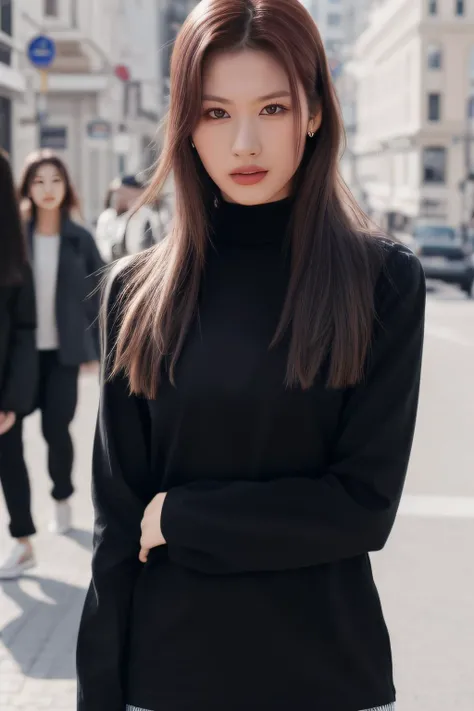 best quality, masterpiece, ultra high res, (photorealistic:1.4), sana1 a woman, light eye makeup, looking at the viewer, upper body photo, black longsleeves, at the streets, <lora:sanaX2.0:1:lbw=FACES>