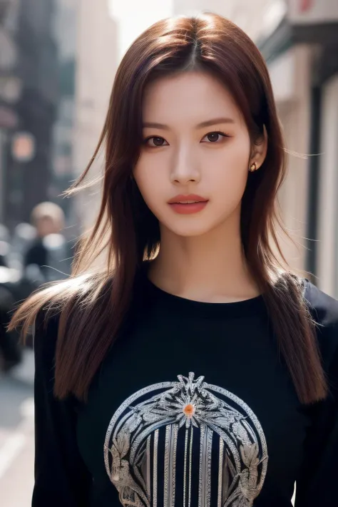 best quality, masterpiece, ultra high res, (photorealistic:1.4), sana1 a woman, light eye makeup, looking at the viewer, upper body photo, black longsleeves, at the streets, <lora:sanaX2.0:1:lbw=FACES>