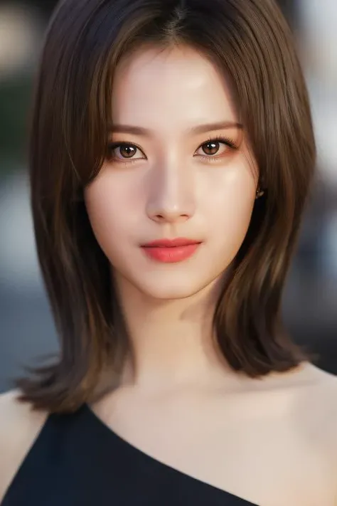 best quality, masterpiece, ultra high res, (photorealistic:1.4), sana1 a woman, light eye makeup, looking at the viewer, half body photo, black dress, at the street, <lora:httpsana:1:lbw=FACES>
