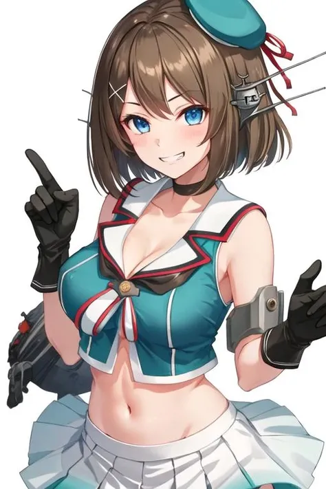 best quality, masterpiece, highres, solo, {maya_kantaicollection:1.15}, short_hair, brown_hair, hair_ornament, blue_eyes, breasts, hairclip, x_hair_ornament, large_breasts, blush, hat, headgear, cleavage, 1girl, beret, black_gloves, gloves, hat_ribbon, looking_at_viewer, midriff, pleated_skirt, school_uniform, serafuku, simple_background, skirt, sleeveless, white_background, grin, navel, smile, mini_hat, upper_body, white_skirt