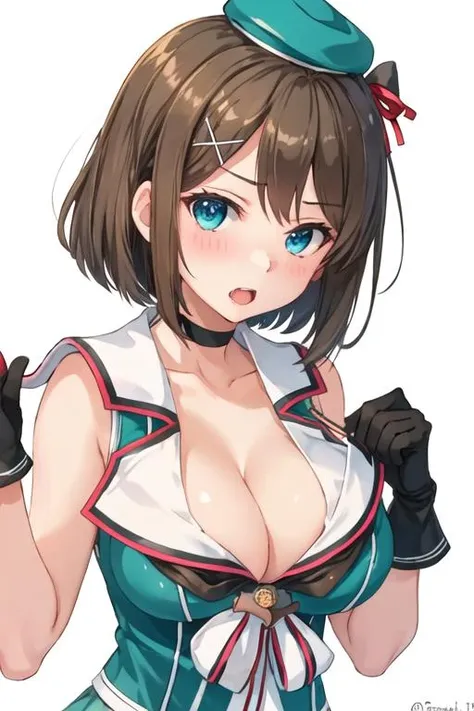 best quality, masterpiece, highres, solo, {maya_kantaicollection:1.15}, short_hair, brown_hair, hair_ornament, blue_eyes, breasts, hairclip, x_hair_ornament, large_breasts, blush, hat, headgear, cleavage, 1girl, beret, choker, looking_at_viewer, school_uniform, simple_background, sleeveless, upper_body, white_background, aqua_headwear, hat_ribbon, mini_hat, serafuku, open_mouth, twitter_username