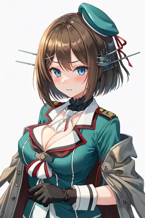 best quality, masterpiece, highres, solo, {maya_kantaicollection:1.15}, short_hair, brown_hair, hair_ornament, blue_eyes, breasts, hairclip, x_hair_ornament, large_breasts, blush, hat, headgear, cleavage, 1girl, ascot, beret, blue_headwear, military, military_uniform, simple_background, uniform, black_gloves, gloves, upper_body, white_ascot, white_background, long_sleeves, looking_at_viewer, jacket