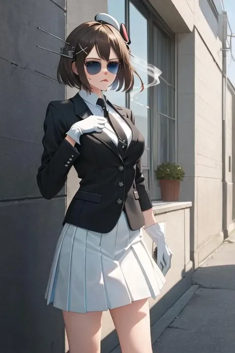 best quality, masterpiece, highres, solo, {black business suit:1.40}, {tie:1.20}, {sunglasses:1.25}, {white gloves:1.15}, {white shirt:1.10}, {black skirt:1.15}, {smoking:1.20}, handsome, {maya_kantaicollection:1.15}, short_hair, brown_hair, hair_ornament, blue_eyes, breasts, hairclip, x_hair_ornament, large_breasts, blush, hat, headgear, cleavage