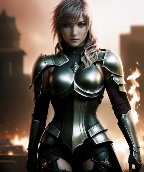 (dark theme:0.9), <lora:Lightning:0.85> a cute woman, (in hyperdetailed armor:1.3), medieval, artstation, posing, by conor harrington, epic shot, dark shot, epic light, fire, hdr, (hdr:1.22), muted colors, complex background, hyperrealism, hyperdetailed, amandine van ray