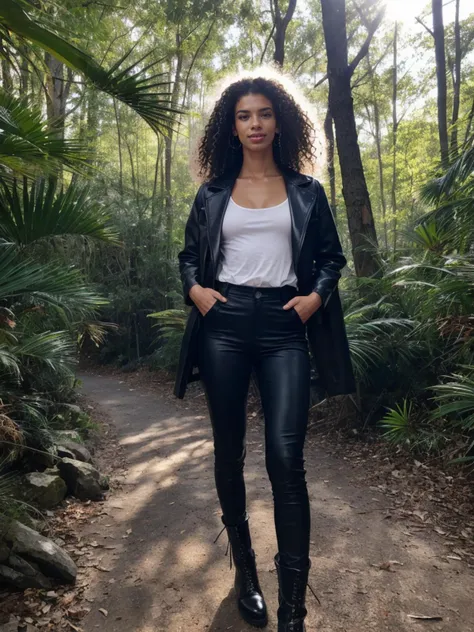 RAW photo,  Tower13_Margaretha, magazine ready pose, flirting with the camera,
BREAK
walking through the woods, wearing a leather duster, wearing leather pants, wearing a white shirt, wearing black boots, walking towards the camera, golden hour, god rays  
BREAK, (((Ultra-HD-details, Ultra-HD-detailed, Ultra-HD-realistic, Ultra-HD-photo-same-realistic-quality-details))), 8k uhd, dslr, soft lighting, high quality, film grain, Fujifilm XT3