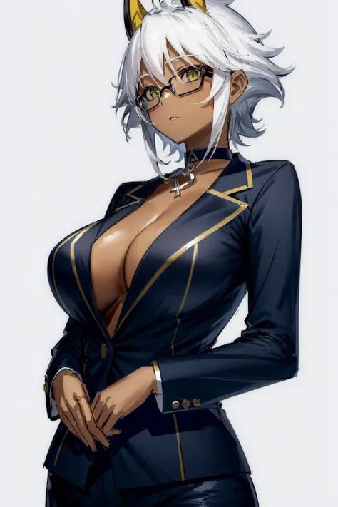 (ultra-detailed), masterpiece,solo, large breasts, pink business suit, cleavage, choker,1girl, zest1, standing, simple background, dark glasses, dark skin,