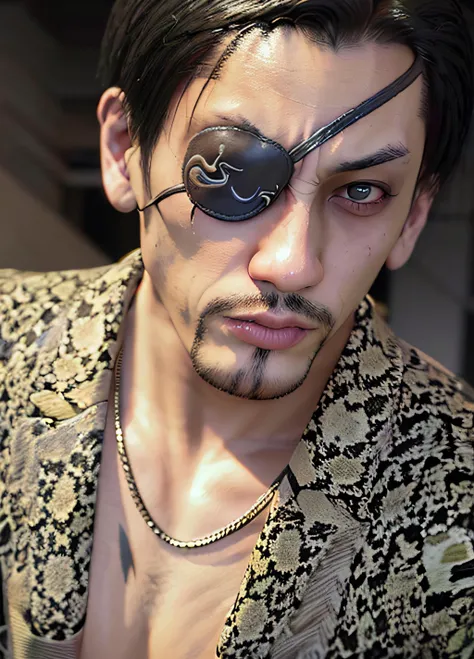 a detailed artwork by Majima Goro in an snake jacket on naked body, snake print jacket, shirtless, eye patch, black eye patch? black leather gloves, crazy face, cheerful face, frowning eyebrows with a serious expression, Yakuza, 4K, 8k, FULL HD, Corps entier, yakuza Art Style, Hyperrealistic drawing style, Clean and detailed anime art, city background, Majima Goro, tattoo