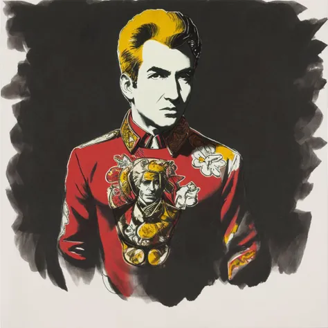 <lora:ADNYWARHOLSTYLE:1> adnywarholstyle a medium shot of a matador wearing an embroidered shirt, black theme