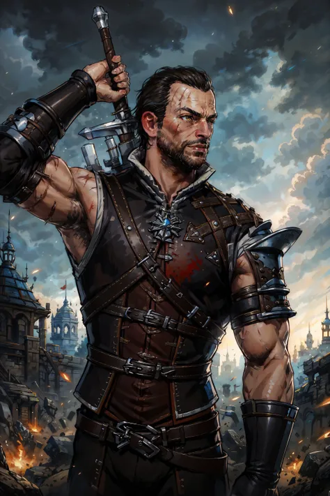 (masterpiece, top quality, best quality, official art, detailed:1.2), <lora:lambert-20:0.7>,lambertW3_soul3142, solo, black hair, 1boy, weapon, male focus, sword, armor, muscular, facial hair, scar, beard, scar on face, vambraces, manly