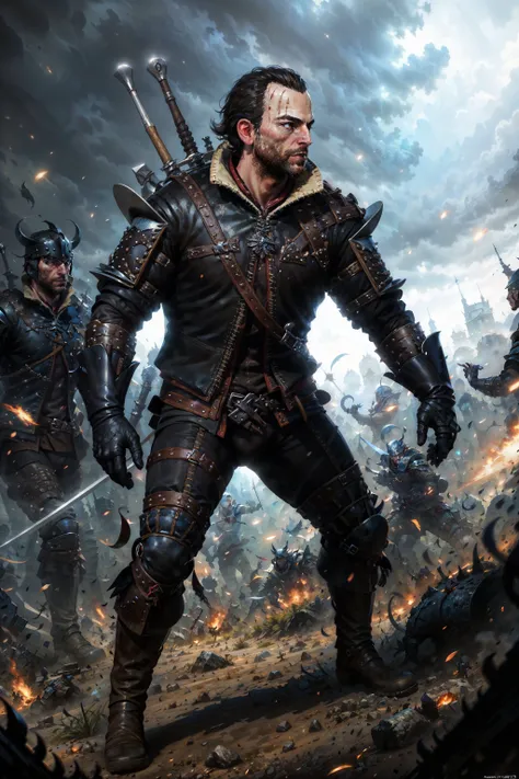 (masterpiece, top quality, best quality, official art, detailed:1.2), <lora:lambert-20:0.7>, lambertW3_soul3142, 1boy, 1girl, black hair, gloves, jacket, weapon, male focus, boots, solo focus, holding sword, armor, facial hair, beard, realistic, battle