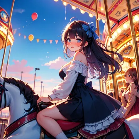 (((masterpiece))), (((best quality))), (((from side))), ((riding carousel)), ((multiple girls)), ((leaning forward)), sitting astride, dress, off shoulder, parted lips, sweat, wind, cloudy sky, party balloon, ferris wheel, amusement park, cleavage, big tits, shy, blush, slim figure, <lora:girllikecarousel:0.9>