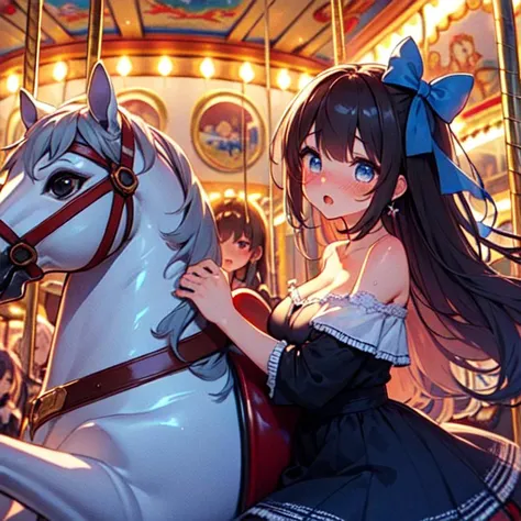 (((masterpiece))), (((best quality))), (((from side))), ((riding carousel)), ((multiple girls)), ((leaning forward)), sitting astride, dress, off shoulder, parted lips, sweat, wind, cloudy sky, party balloon, ferris wheel, amusement park, cleavage, big tits, shy, blush, slim figure, <lora:girllikecarousel:0.8>