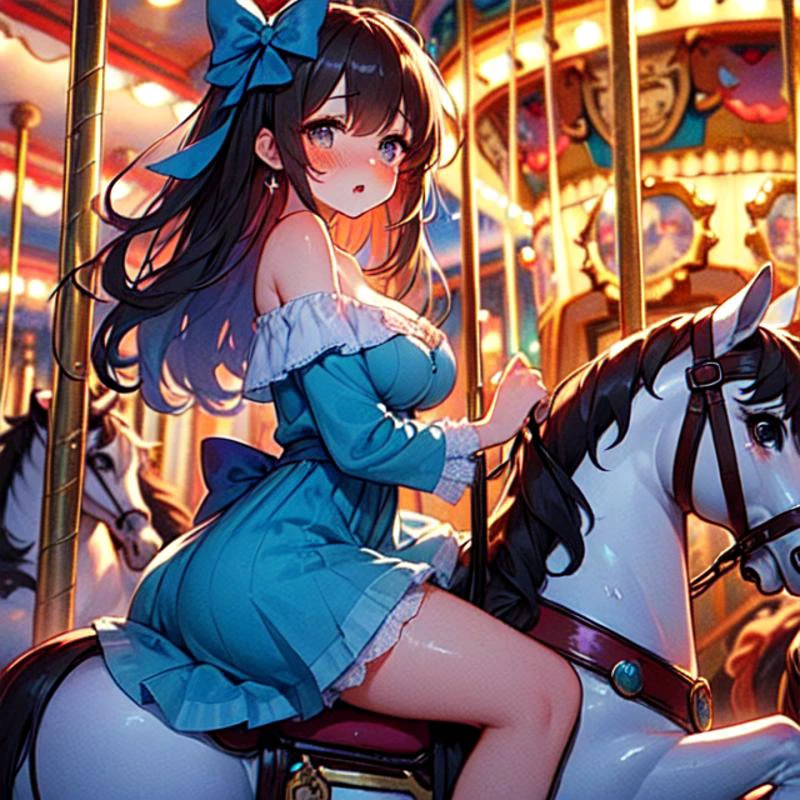 (((masterpiece))), (((best quality))), (((from side))), ((riding carousel)), ((multiple girls)), ((leaning forward)), sitting astride,  shoulder, parted lips, sweat, wind, cloudy sky, party balloon, ferris wheel, amusement park, cleavage, big , shy, blush, slim figure, <lora:girllikecarousel:0.8>