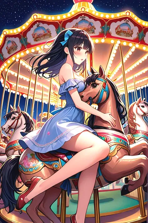 ((masterpiece, best quality, very aesthetic, absurdres)), ((riding carousel)), ((hugging carousel)), ((leaning forward)), dress, off shoulder, parted lips, sweat, wind, cloudy sky, party balloon, ferris wheel, amusement park, night, starry sky, neon light, black hair, absurdly long long, ribbon, cleavage, big tits, shy, blush, slim figure, <lora:girllikecarousel_sdxl:0.8>