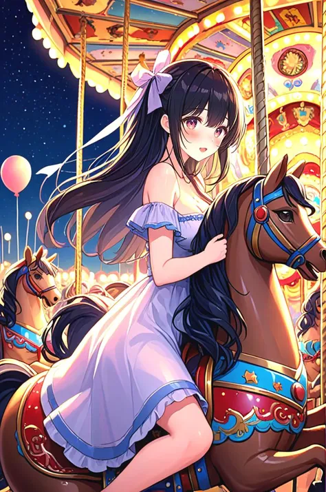 ((masterpiece, best quality, very aesthetic, absurdres)), ((riding carousel)), ((hugging carousel)), ((leaning forward)), dress, off shoulder, parted lips, sweat, wind, cloudy sky, party balloon, ferris wheel, amusement park, night, starry sky, neon light, black hair, absurdly long long, ribbon, cleavage, big tits, shy, blush, slim figure, <lora:girllikecarousel_sdxl:0.8>