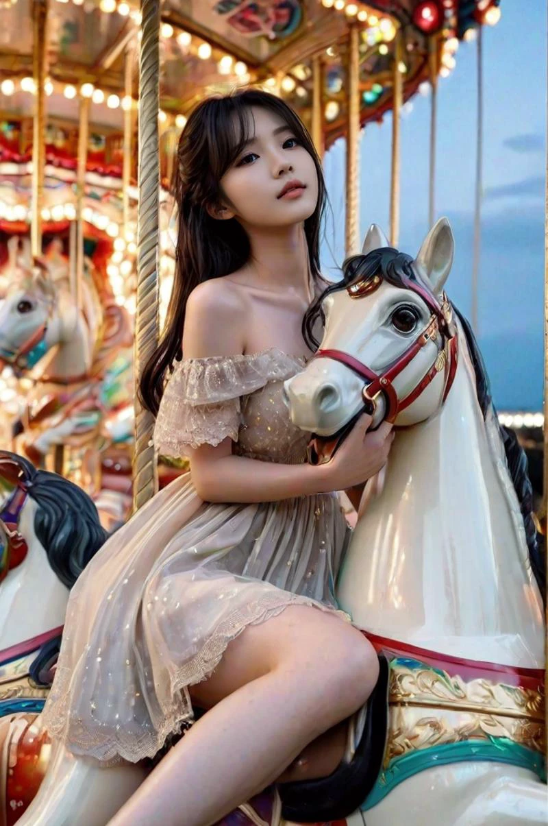 ((masterpiece, best quality, very aesthetic, absurdres)), ((riding carousel)), ((hugging carousel)), ((leaning forward)), sitting astride, beige sheer  shoulder, parted lips, sweat, wind, cloudy sky, party balloon, ferris wheel, amusement park, outdoors, cleavage, big , shy, blush, slim figure, asian girl, pretty, black hair, night, starry sky, <lora:girllikecarousel_sdxl:0.9>